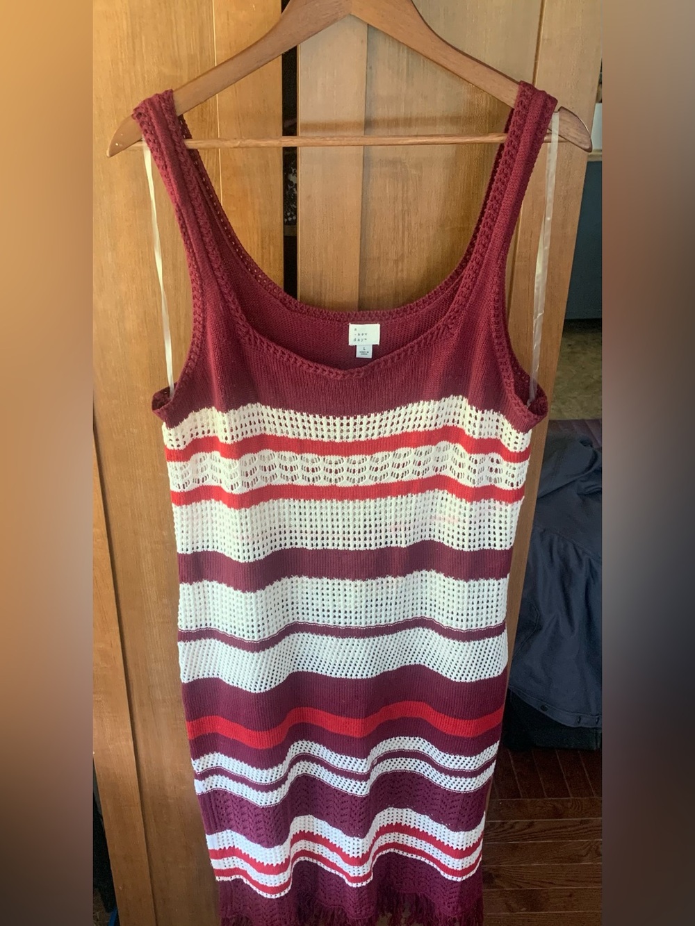 a new day Burgundy, White & Red Striped Crochet Dress